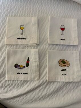 Pottery Barn -Wine & Cheese Embroidered Cocktail Napkins - Set of 4